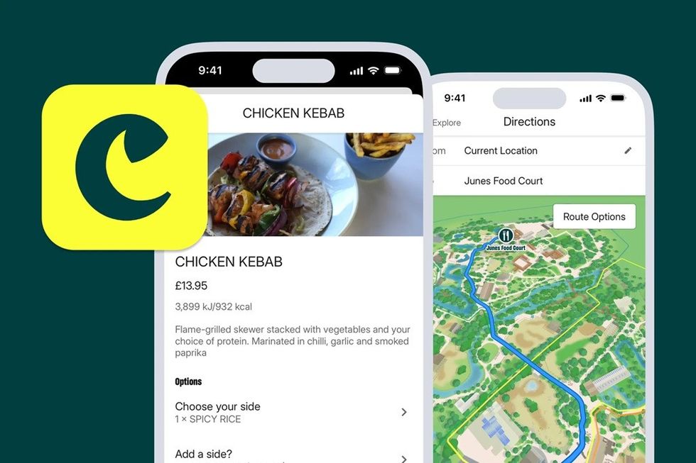 Mobile screens showing a chicken kebab menu and a map route to a food court.