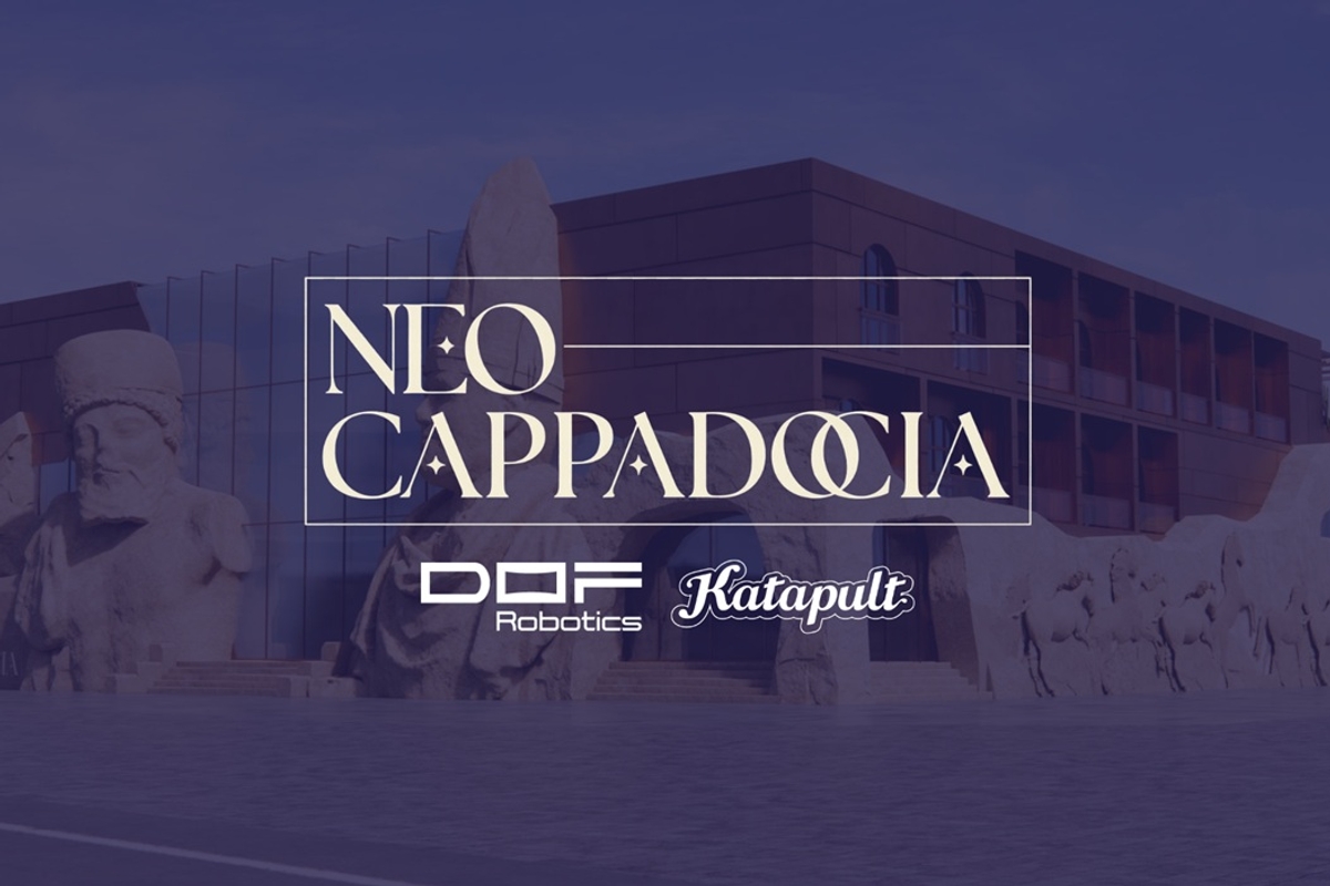 Modern building with large statues; text overlay: "Neo Cappadocia, DOF Robotics, Katapult."