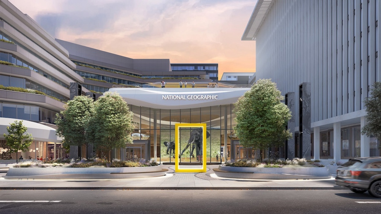 Modern building with "National Geographic" signage and a large yellow frame entrance.