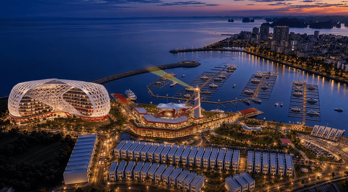 Modern coastal cityscape with marina, futuristic architecture, and a lighthouse at dusk.
