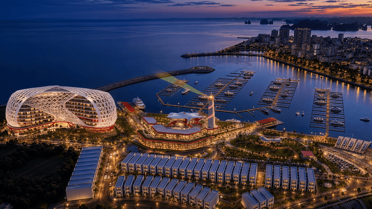Modern coastal cityscape with marina, futuristic architecture, and a lighthouse at dusk.