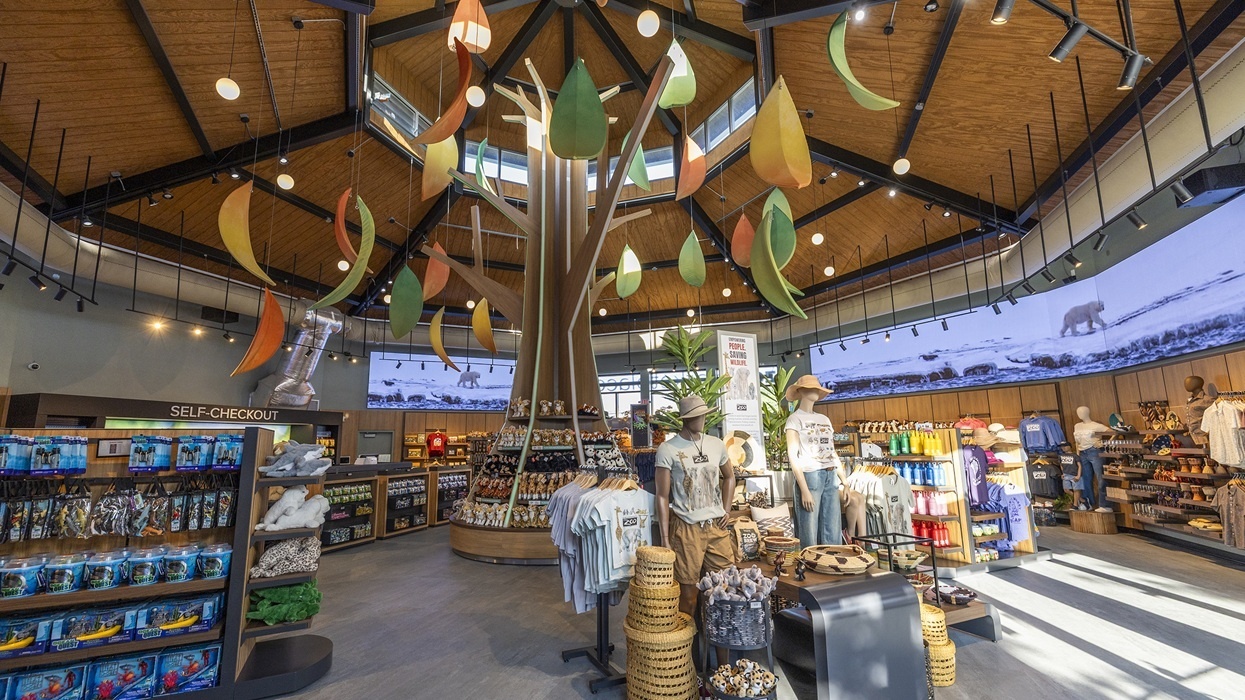 Modern store interior at Columbus Zoo Marketplace, with nature-themed decor and colourful merchandise displays.