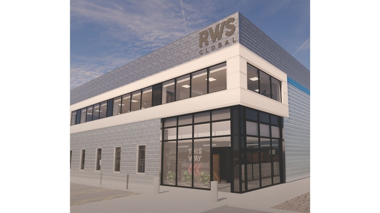 Modern two-story office building in Milton Keynes, labeled "RWS Global" with large windows.
