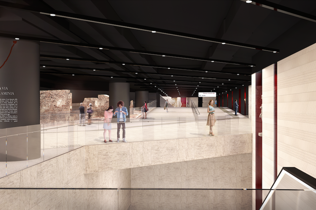 Modern underground museum with ancient ruins and visitors milling about.