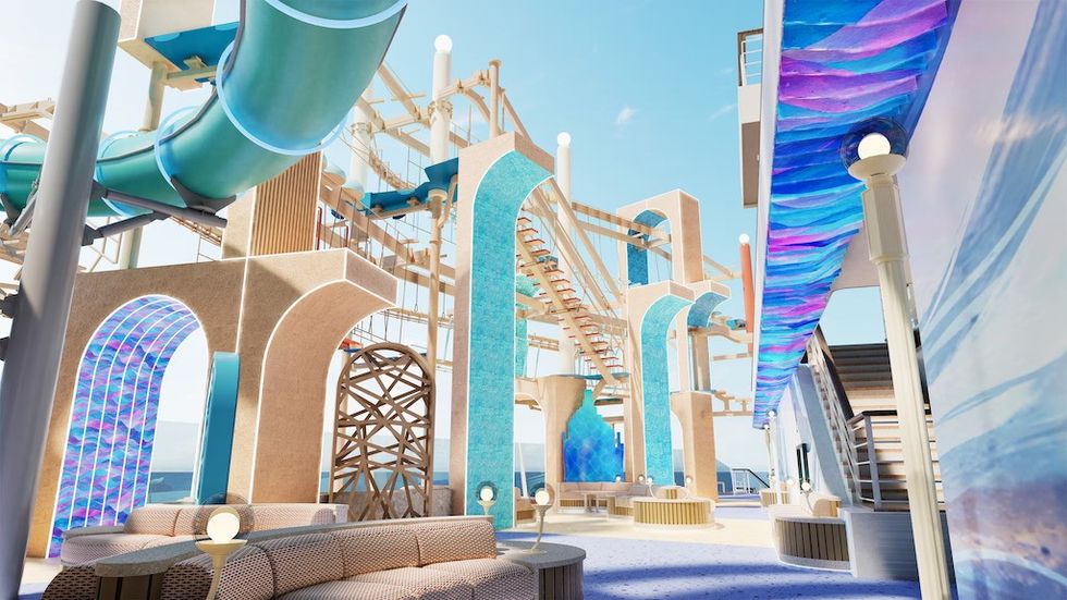Modern water park with slides, colorful arches, and a rope course under a clear sky. Ocean Heights, a new three-deck outdoor entertainment area on the operator's recently announced Norwegian Aura