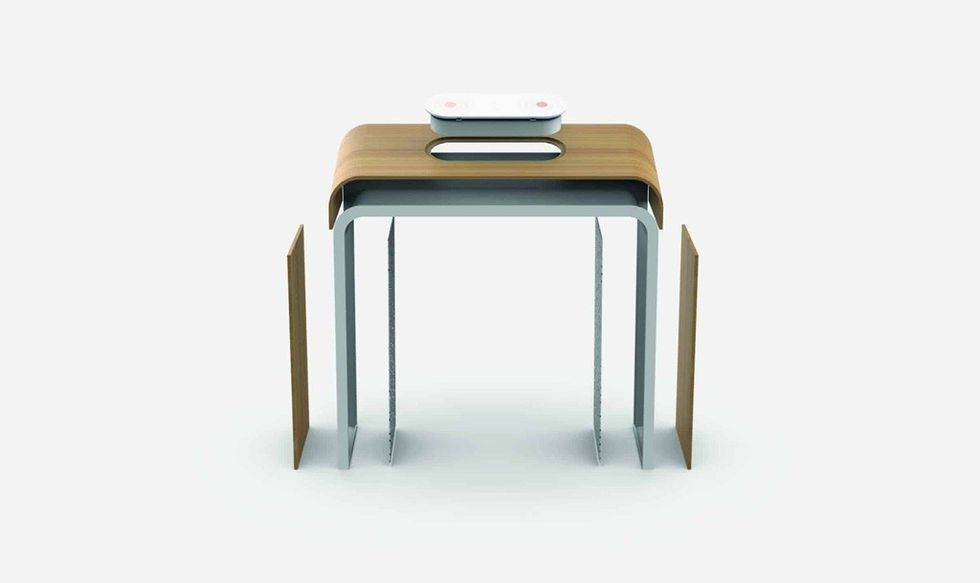 Modern wooden and metal desk with a minimalist design on a white background.