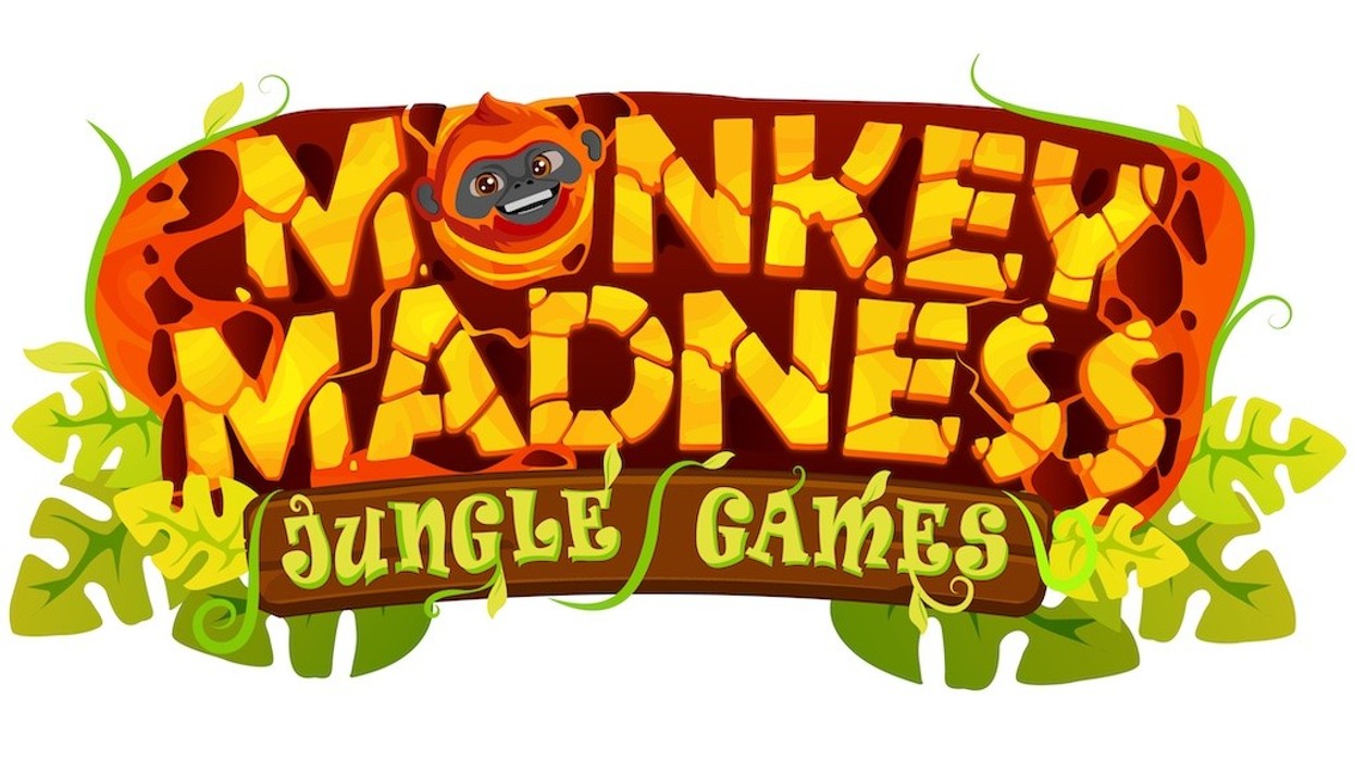 "Monkey Madness Jungle Games" with a smiling monkey and jungle-themed decorations.