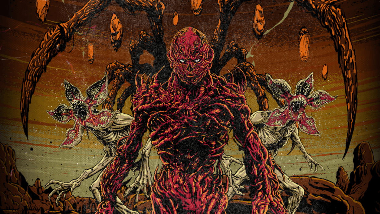Monstrous creature called Vecna with tentacles, flanked by two florally menacing beings in a desolate landscape.