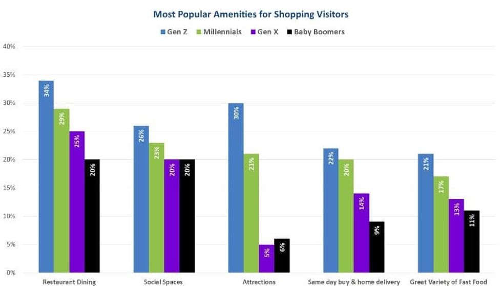 most popular amenities for visitor groups Gen Z LDP ADV