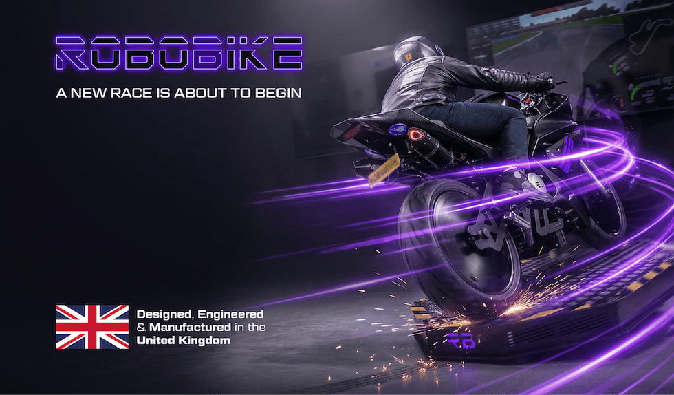 Motorcyclist on a futuristic bike with purple trails, text: "A NEW RACE IS ABOUT TO BEGIN."