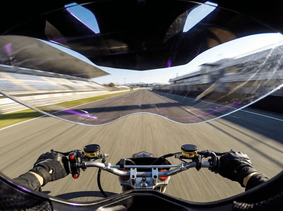 Motorcyclist's view on a track, helmet visor visible.