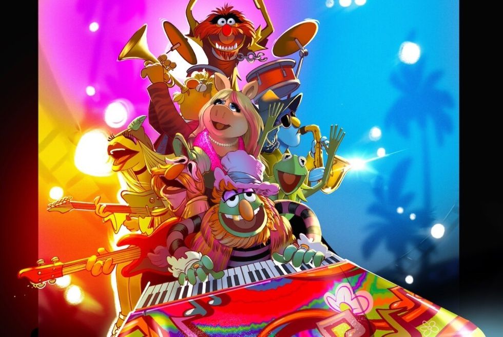 Muppets band playing energetically with colorful lights and instruments.