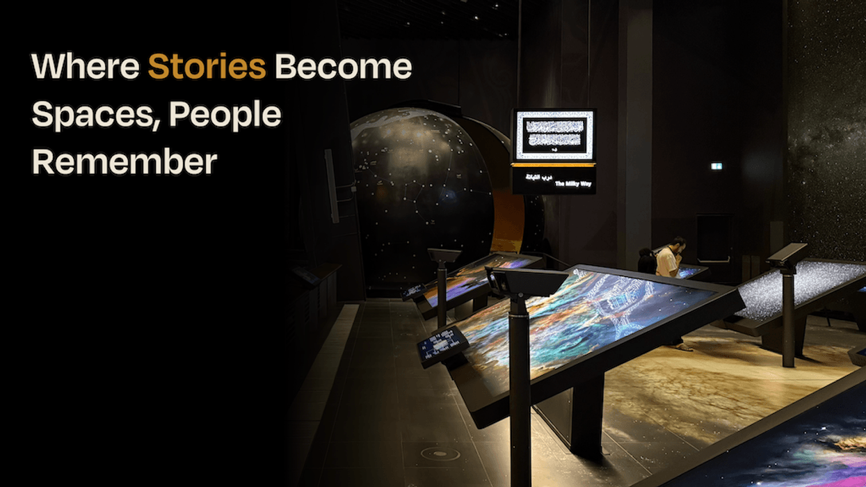 Museum exhibit with space displays; text reads "Where Stories Become Spaces, People Remember," a tagline from ArtharX