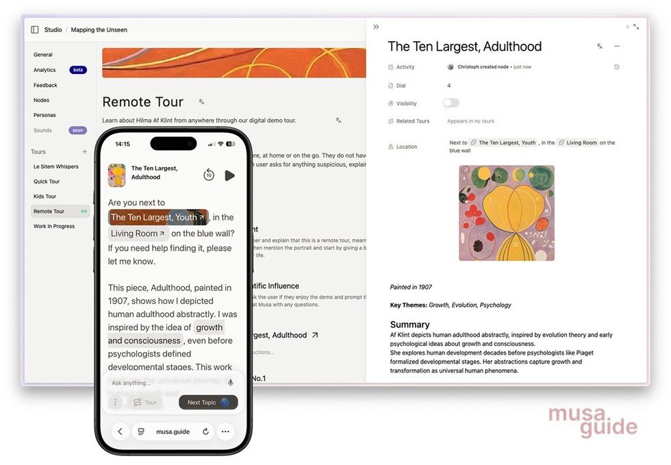 Museum guide app on desktop and mobile showing "The Ten Largest, Adulthood".