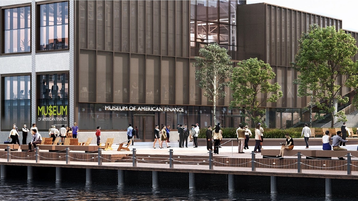 Museum of American Finance with people walking and sitting outside on a waterfront.
