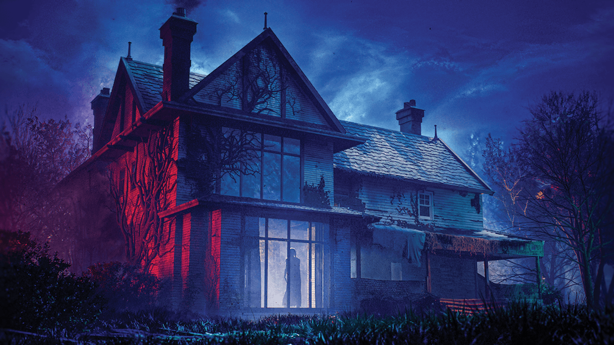 Mysterious silhouette in a window of an eerie, dimly lit house at night.