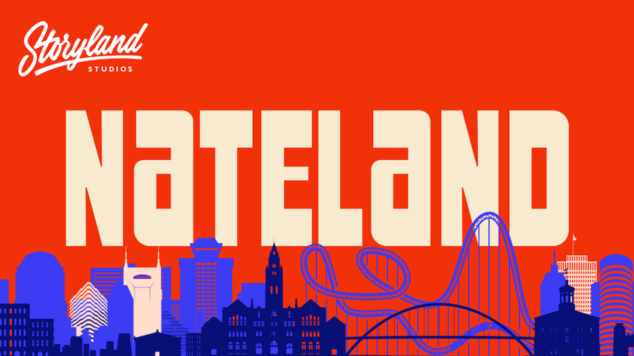 "NATELAND logo with city skyline and roller coaster graphic on red background."