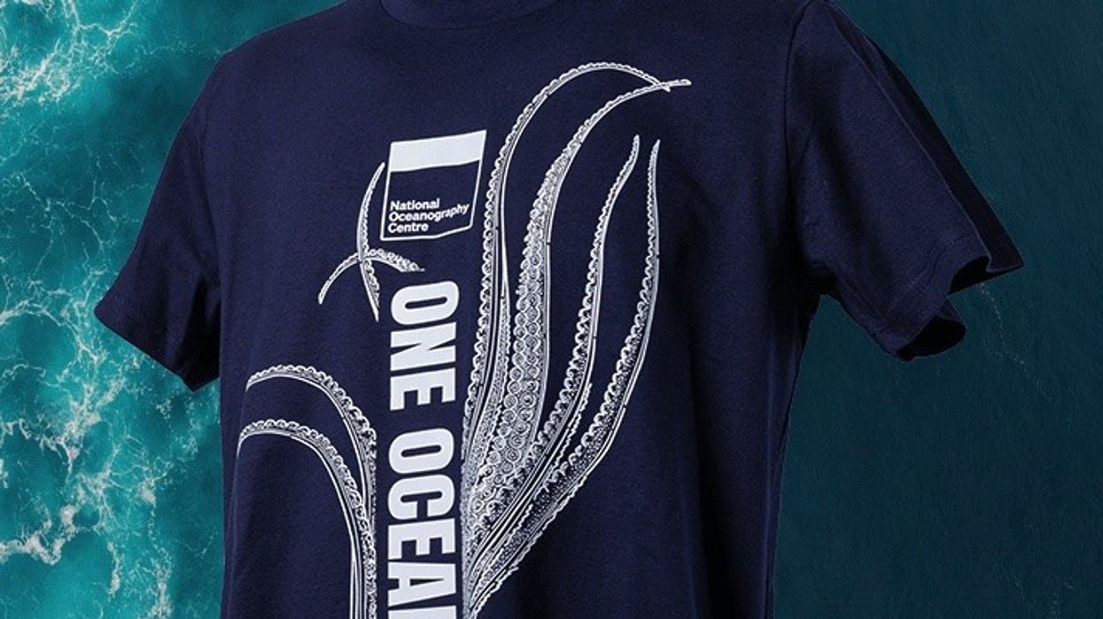 Navy T-shirt with white octopus design and "ONE OCEAN" text, ocean waves in background.
