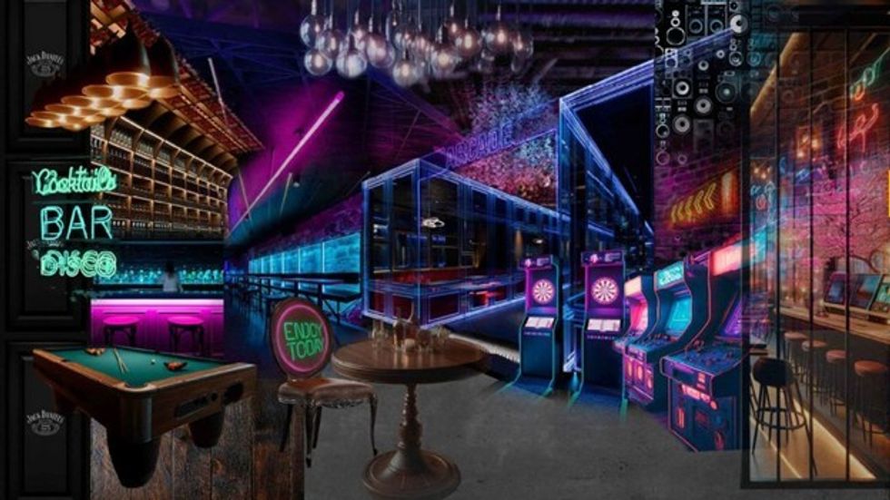 Neon-lit arcade bar with pool table, dart boards, and vibrant ambient lighting.
