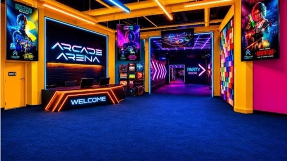 Neon-lit arcade entrance with colorful decor and vibrant posters.
