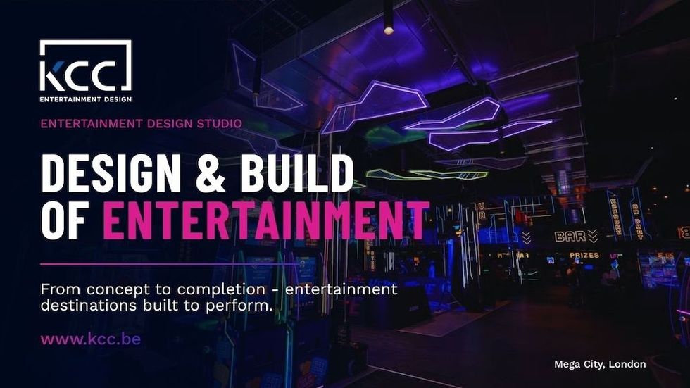 Neon-lit entertainment venue design by KCC, advertising design and build services.