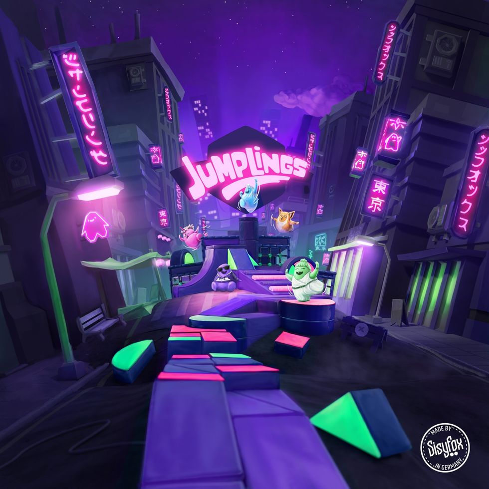 Neon-lit futuristic cityscape with adorable characters and bold "JumpLings" sign.