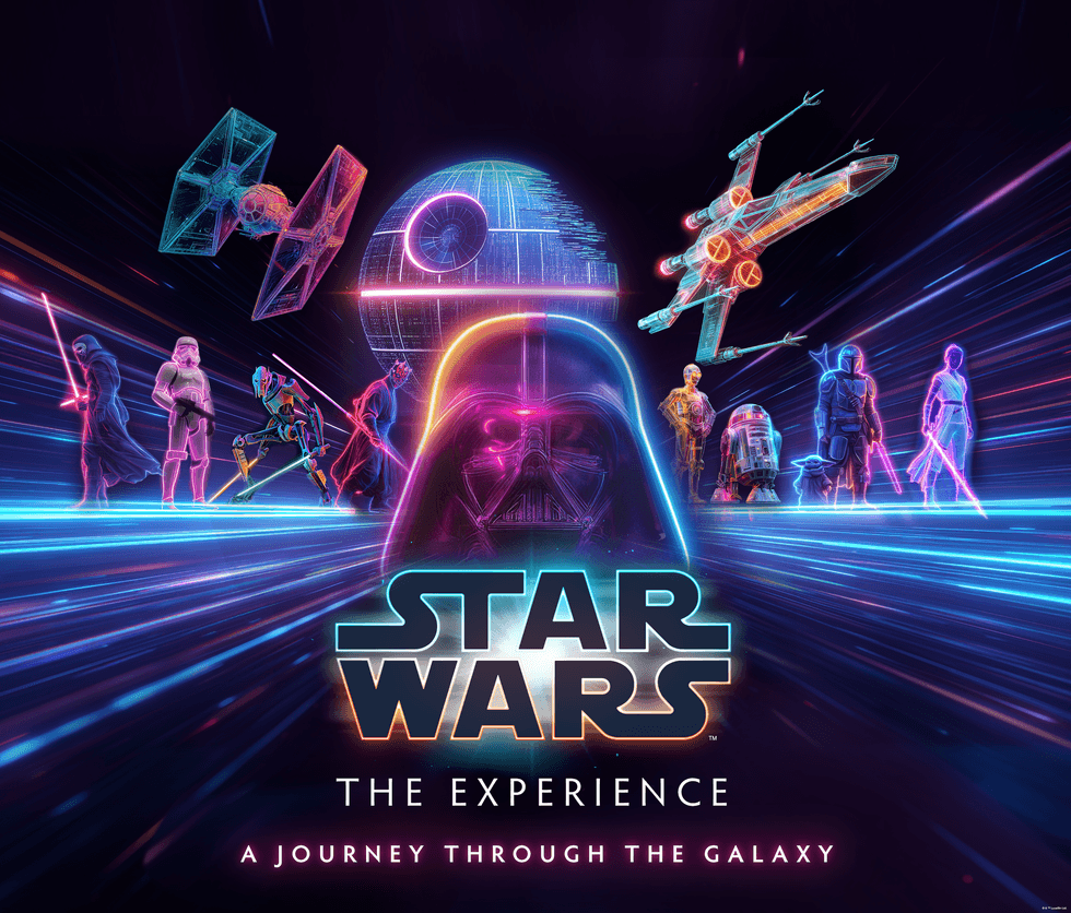Neon Star Wars characters and ships with text: "Star Wars The Experience."