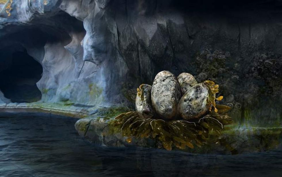 nest of giant eggs by river by mk illumination for movie park germany's new excalibur ride