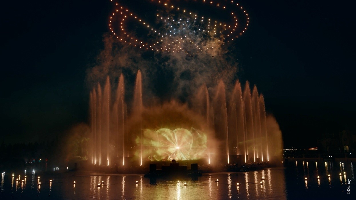 Night fountain show with colorful lights, fireworks, and water reflections.