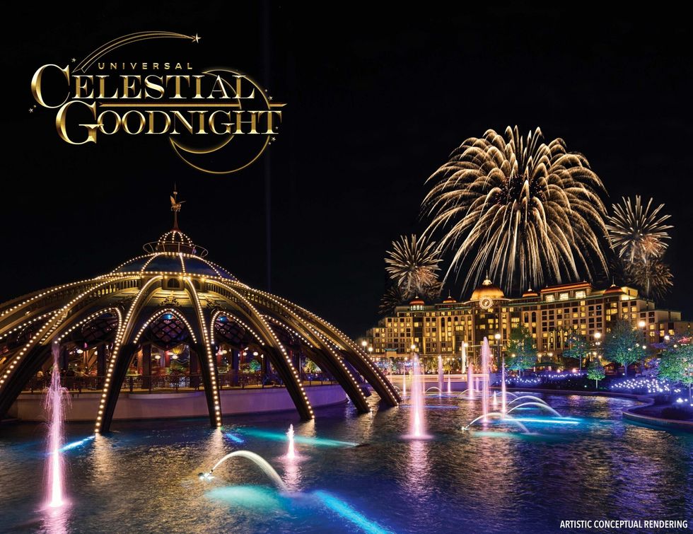 Night scene with fireworks over a lit dome structure and fountains, "Celestial Goodnight" text.