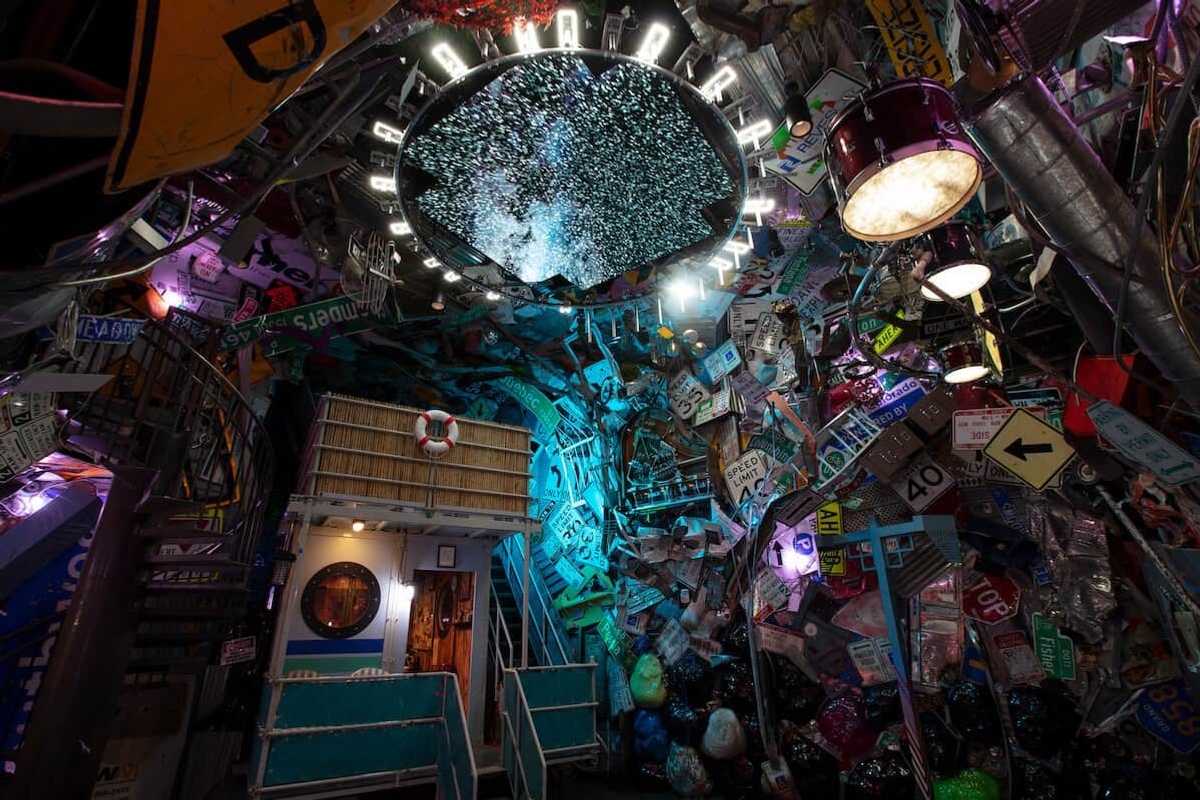 objects hanging from ceiling bright colours