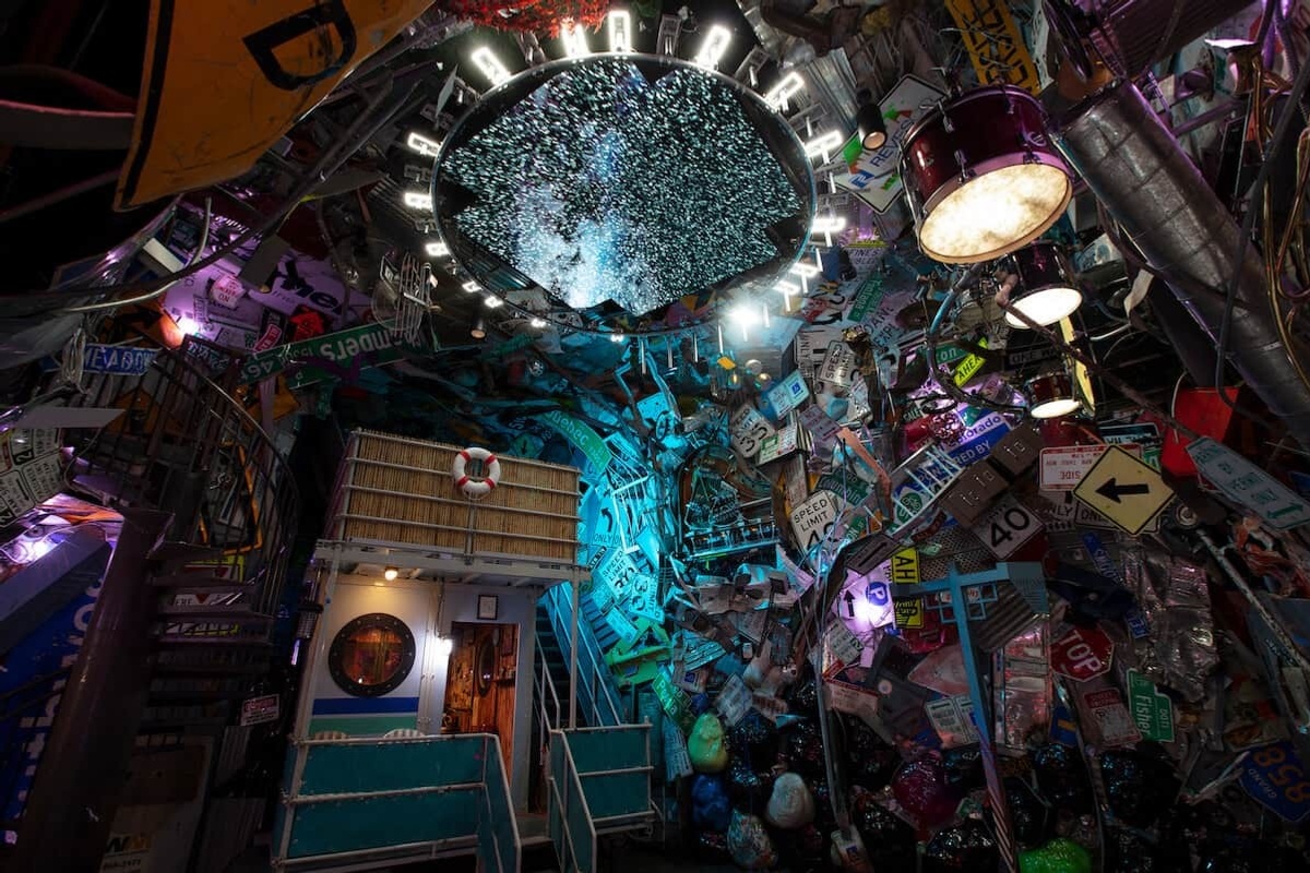 objects hanging from ceiling bright colours