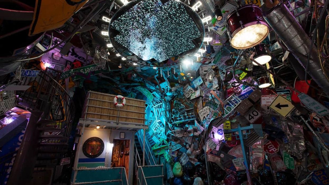 objects hanging from ceiling bright colours