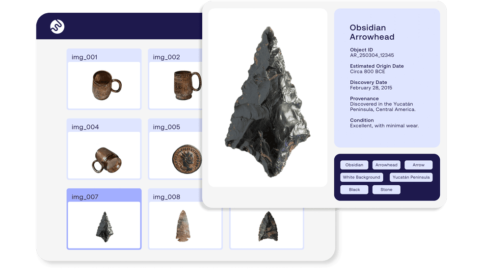 Obsidian arrowhead details with image gallery of other ancient artifacts.