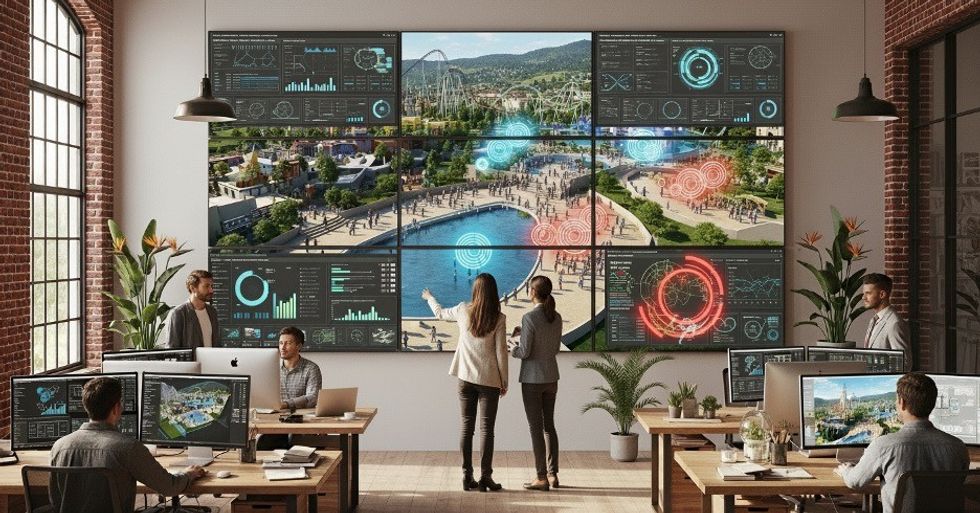 Office space with large screens showing a park map and data analytics, employees collaborating.