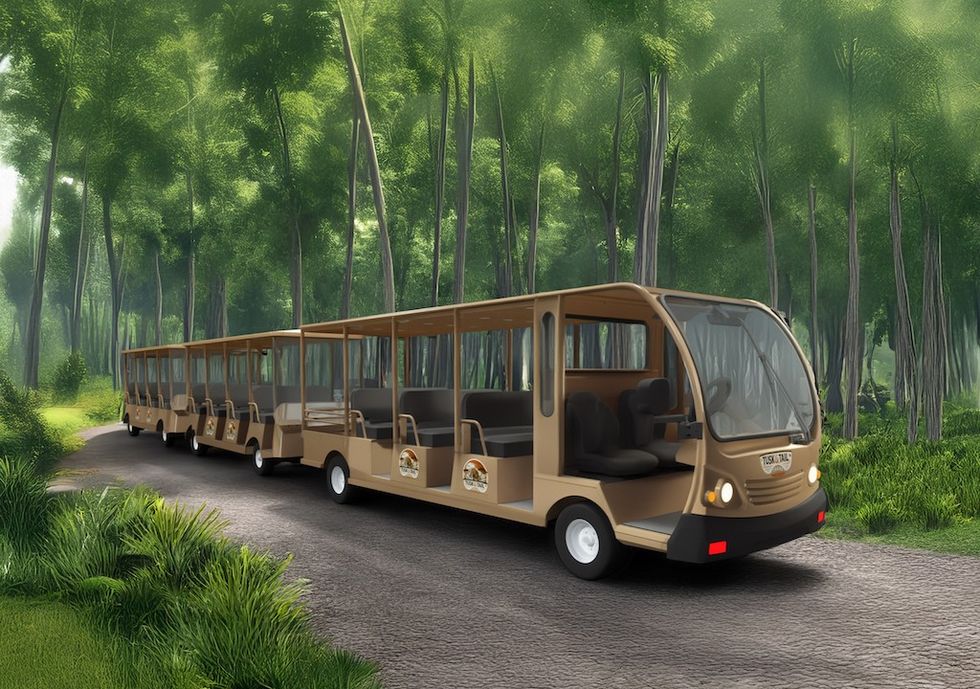 Open-air safari tram in lush forest setting.