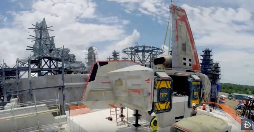 Opening day Star Wars Galaxys Edge space ship blue sky.