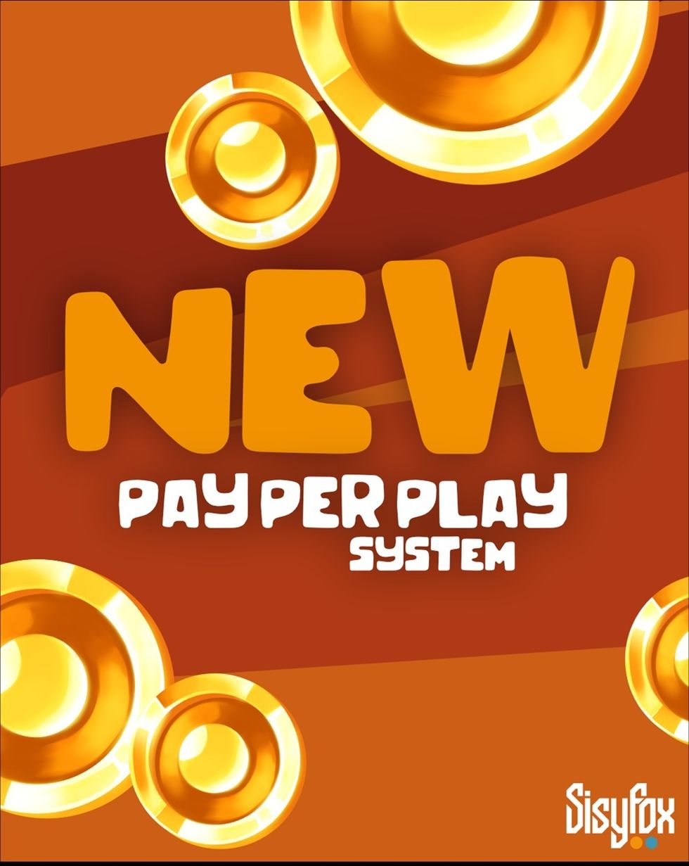 "Orange promo image: New Pay Per Play System with gold coins, Sisyfox logo."