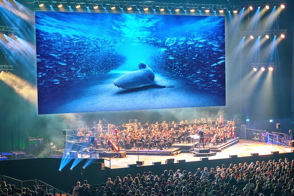 Orchestra performing on stage with a large underwater scene displayed above.