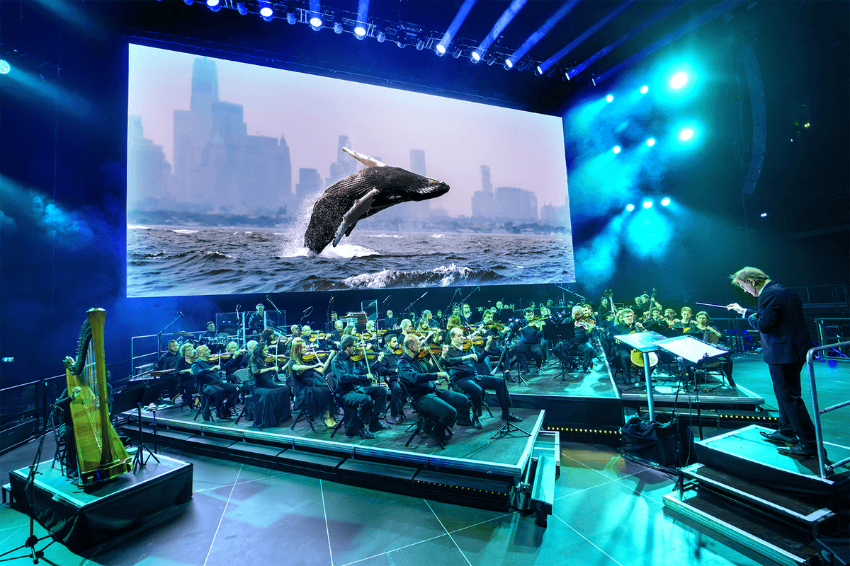 Orchestra performing on stage with a screen showing a breaching whale in front of a cityscape.