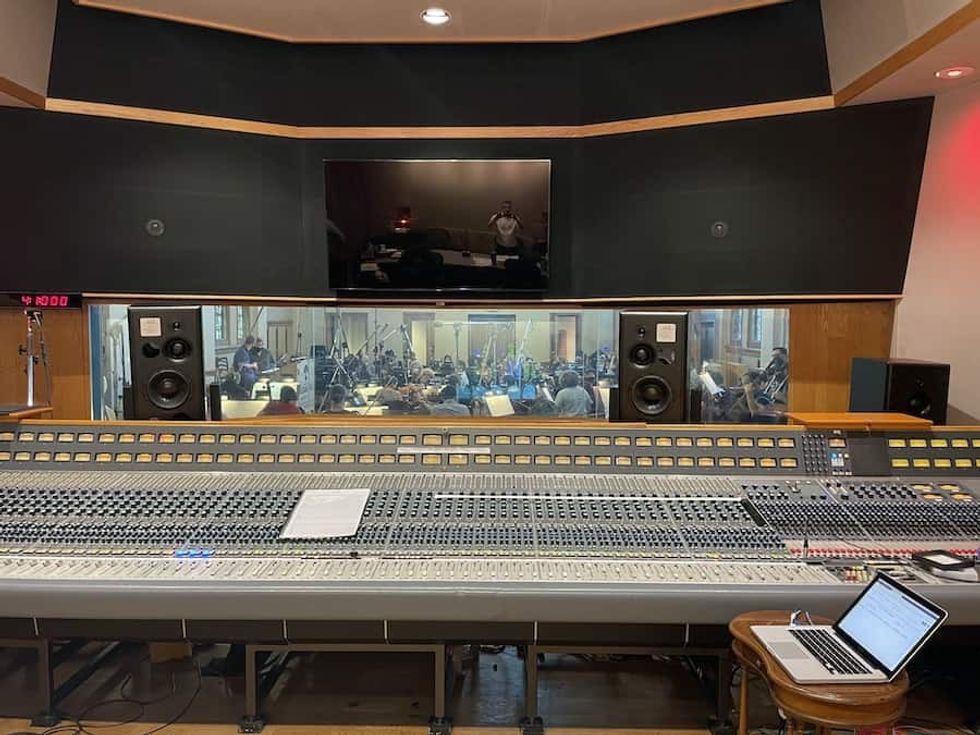 Orchestra viewed from recording booth Ocean Way SkyFly Soar America