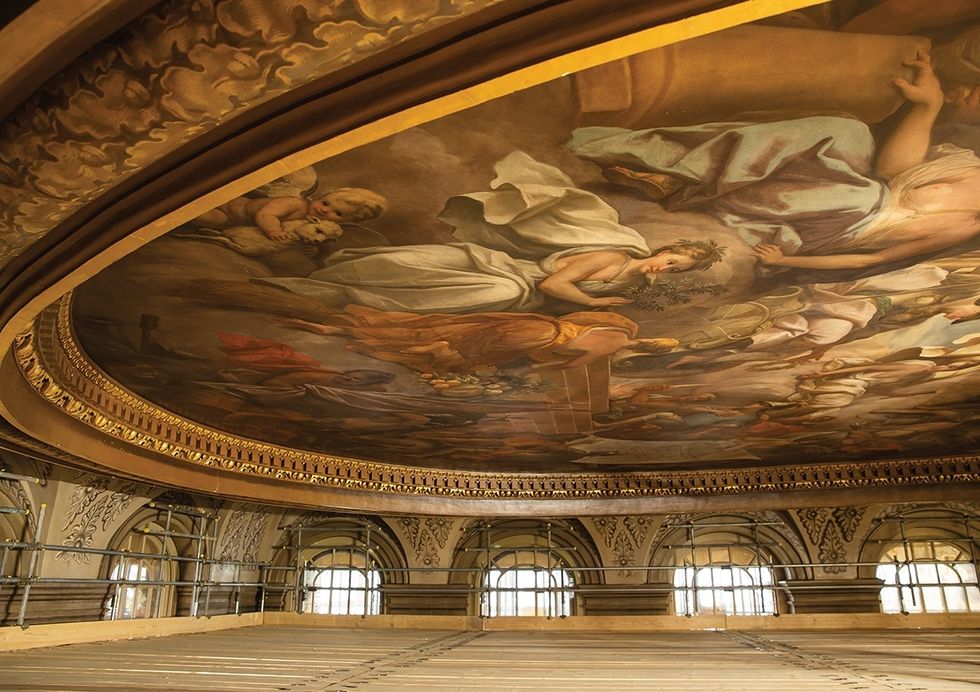 Ornate painted ceiling with classical figures in a grand, decorative interior space at Blenheim Palace