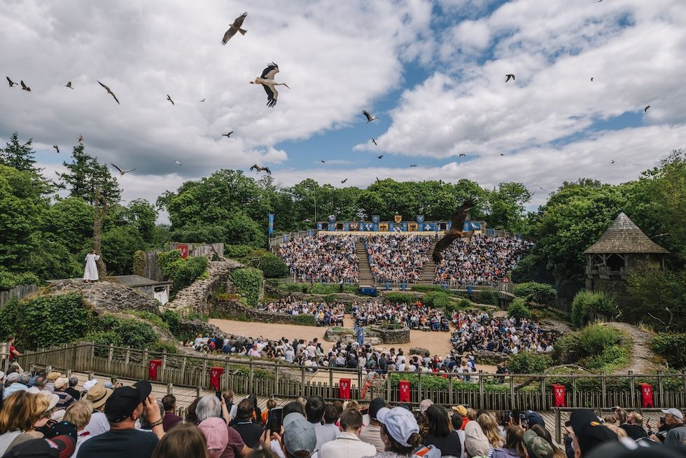 Outdoor amphitheater show, Le Bal des Oiseaux Fantomes, with birds flying over a large audience amidst lush greenery.