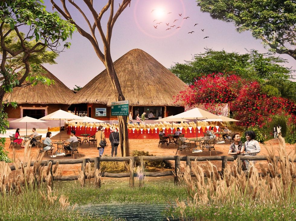 Outdoor caf\u00e9 at Odense Zoo with people under umbrellas, thatched roof huts, trees, and a bright sun overhead.
