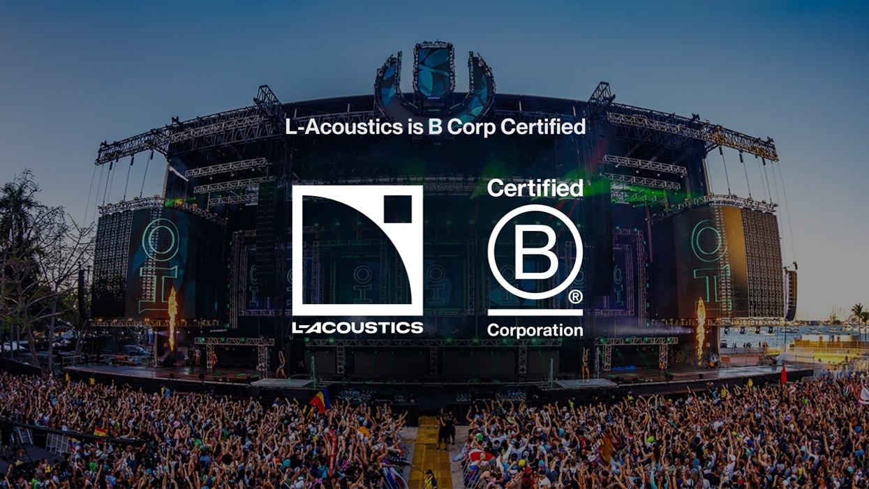 Outdoor concert stage with "L-Acoustics is B Corp Certified" text overlay.