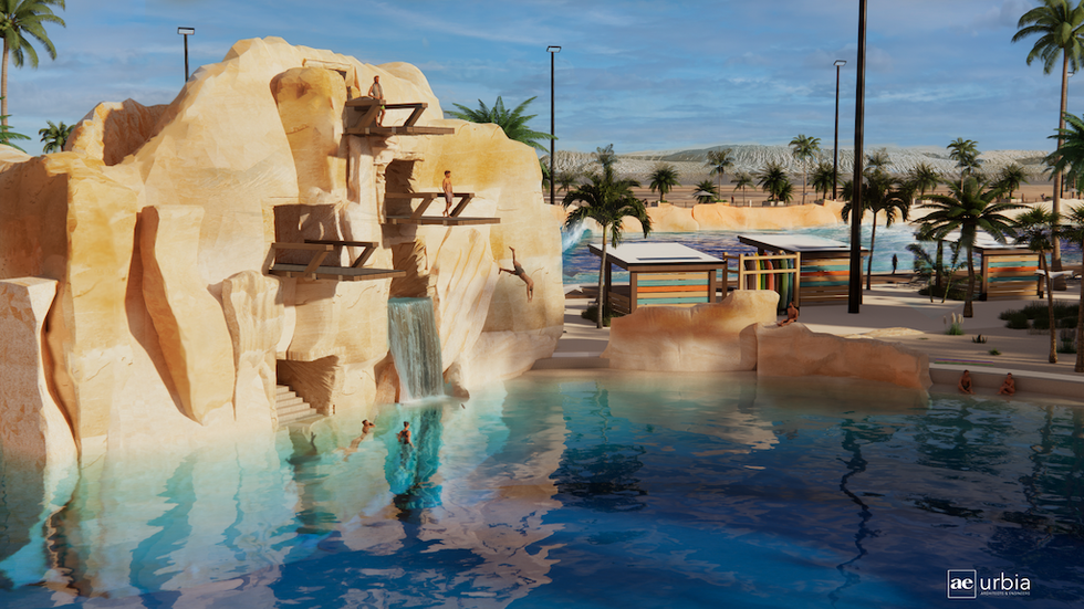 Outdoor pool with diving platforms and waterfall, surrounded by palm trees and cabanas.