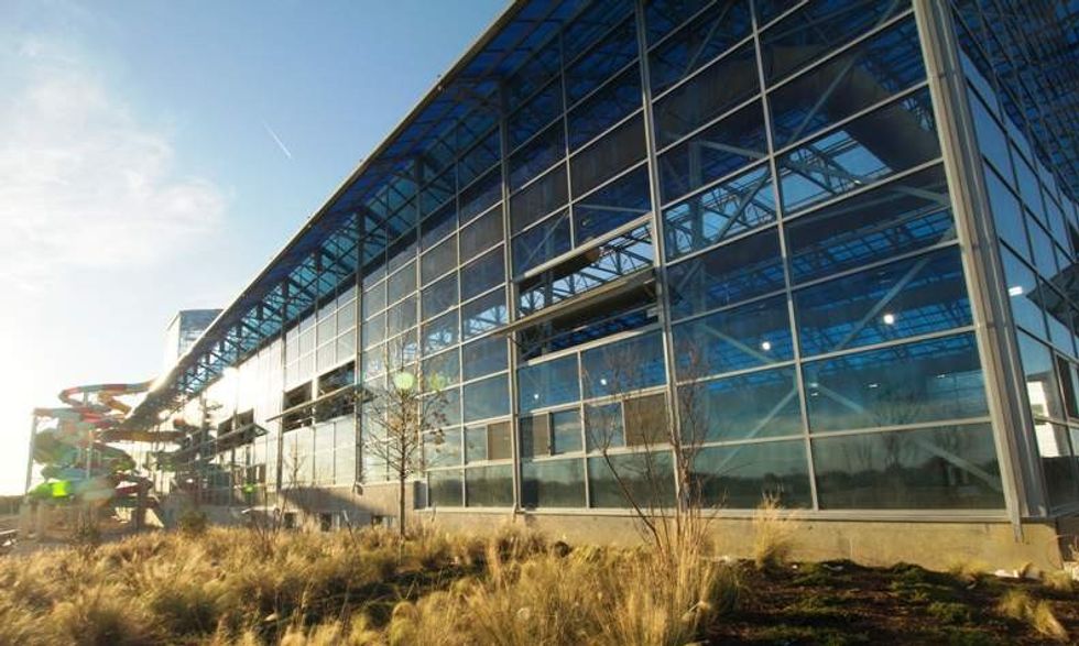 outdoor shot of epic waters indoor waterpark with OpenAire glass roof