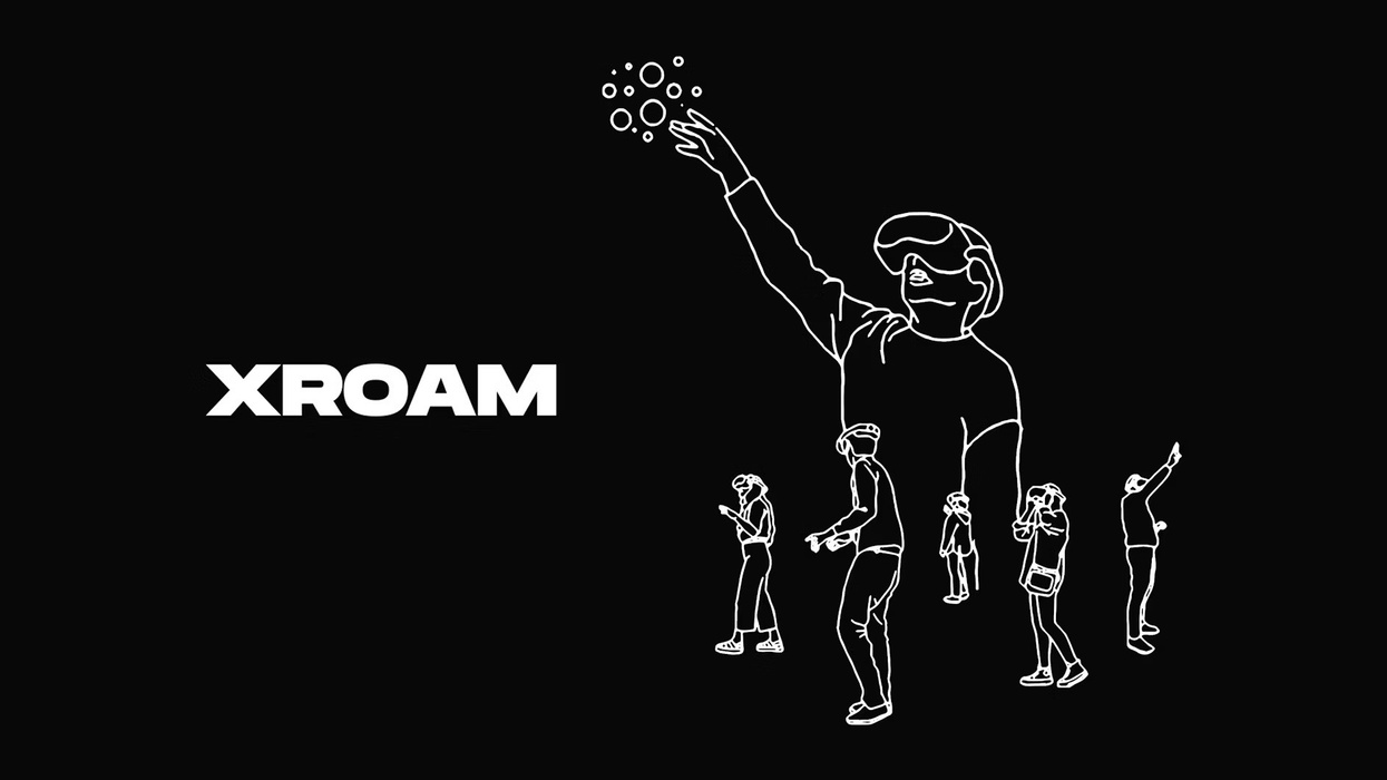 Outline of people using VR headsets, with "XROAM" logo on the left.