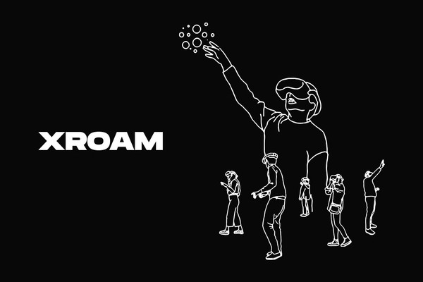 Outline of people using VR headsets, with "XROAM" logo on the left.