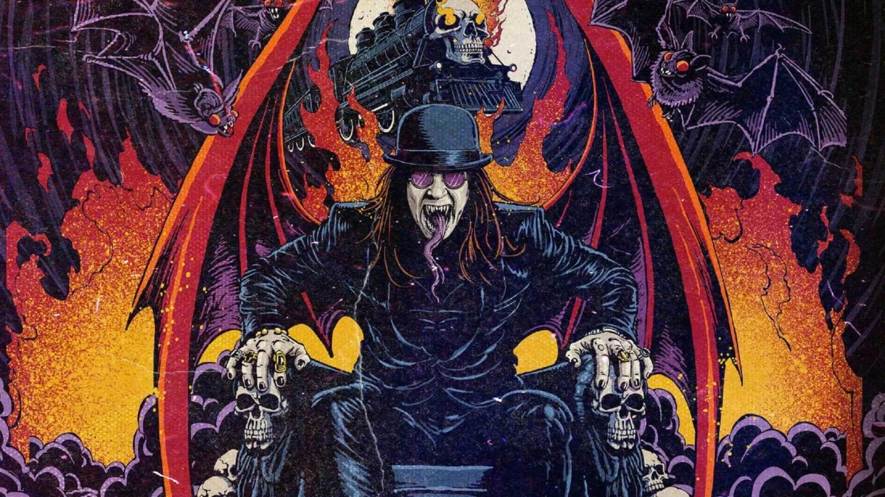 Ozzy Osbourne with vampire features, skulls, flames, bats, and a night sky.